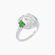 Art Deco Style Cushion Cut Ring Mounting with Diamond Halo and colored Side Gemstones - Shahin Jewelry
